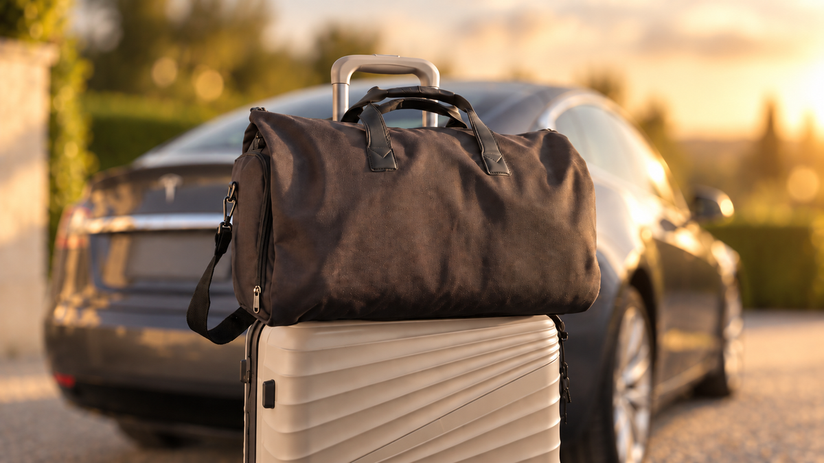 VELSORAN ONE sur une valise devant une voiture, prêt pour le départ