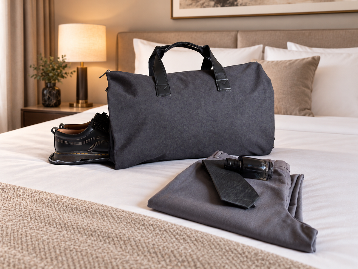 VELSORAN ONE avec chaussures et essentiels de voyage dans une chambre d’hôtel